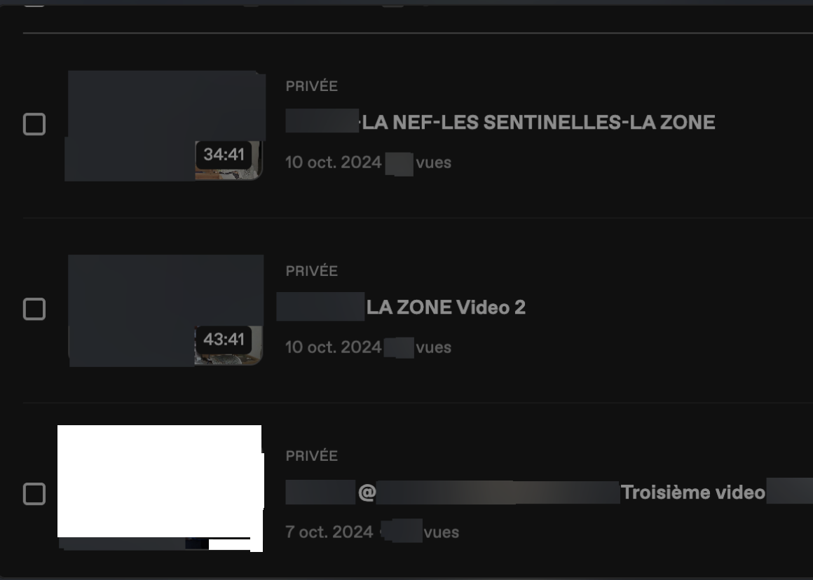 Liste des vidéos de la chaîne : trois vidéos privées datées des 7 et 10 octobre 2024